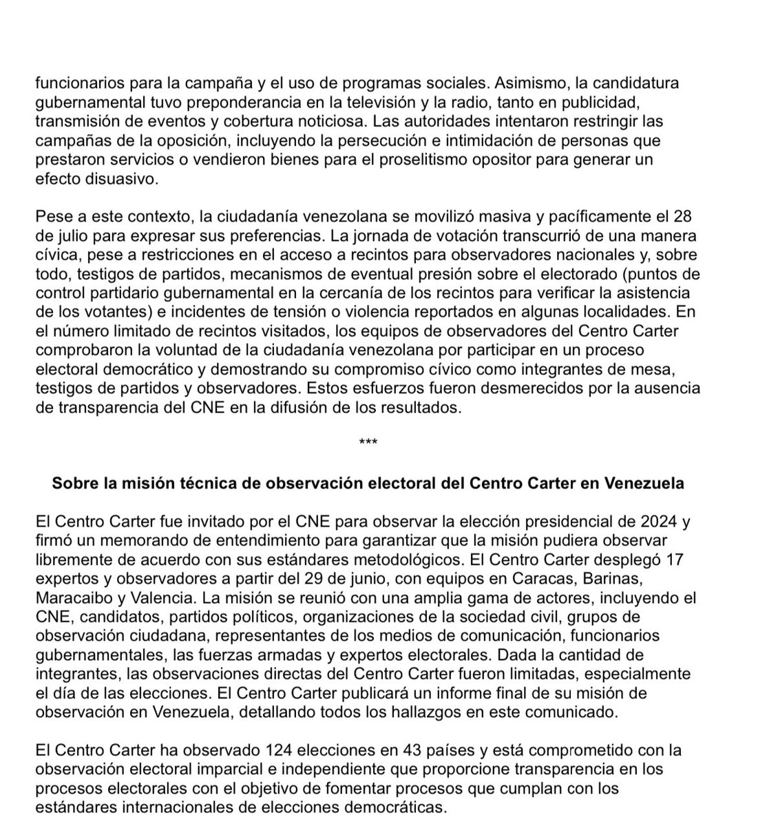 RDelBufalo's tweet image. “La elección presidencial de Venezuela no se adecuó a parámetros y estándares internacionales de integridad electoral y no puede ser considerada como democrática”

Reporte del @CarterCenter 

cartercenter.org/news/pr/2024/v…