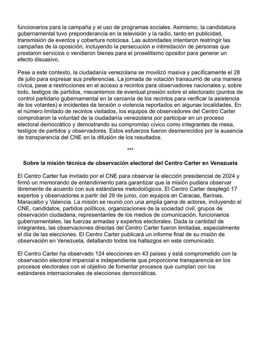 AlertaMundoNews's tweet image. 🇻🇪 | URGENTE: El Centro Carter afirma que no puede verificar los resultados de elecciones en Venezuela, en las que Nicolás Maduro fue declarado "ganador". 

“No cumplió con los estándares internacionales" y "no puede considerarse democrática”, señaló en un comunicado.