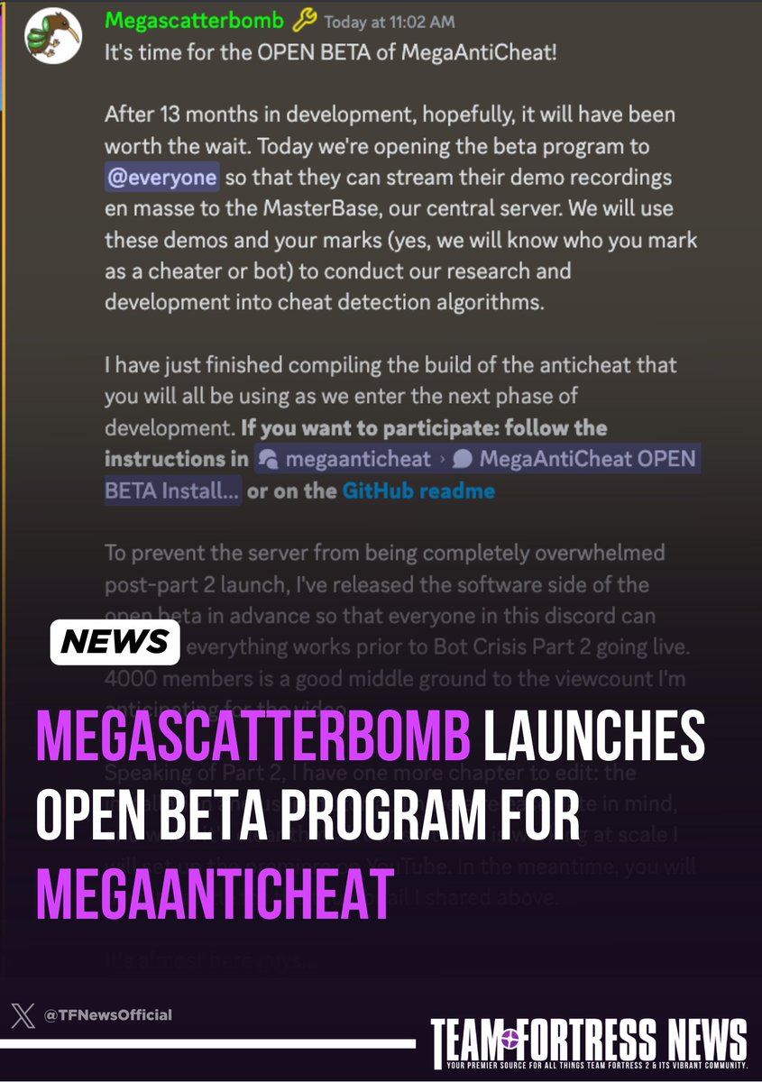 Megascatterbomb Launches Open Beta Program for MegaAntiCheat, A community-made TF2 anti-cheat.