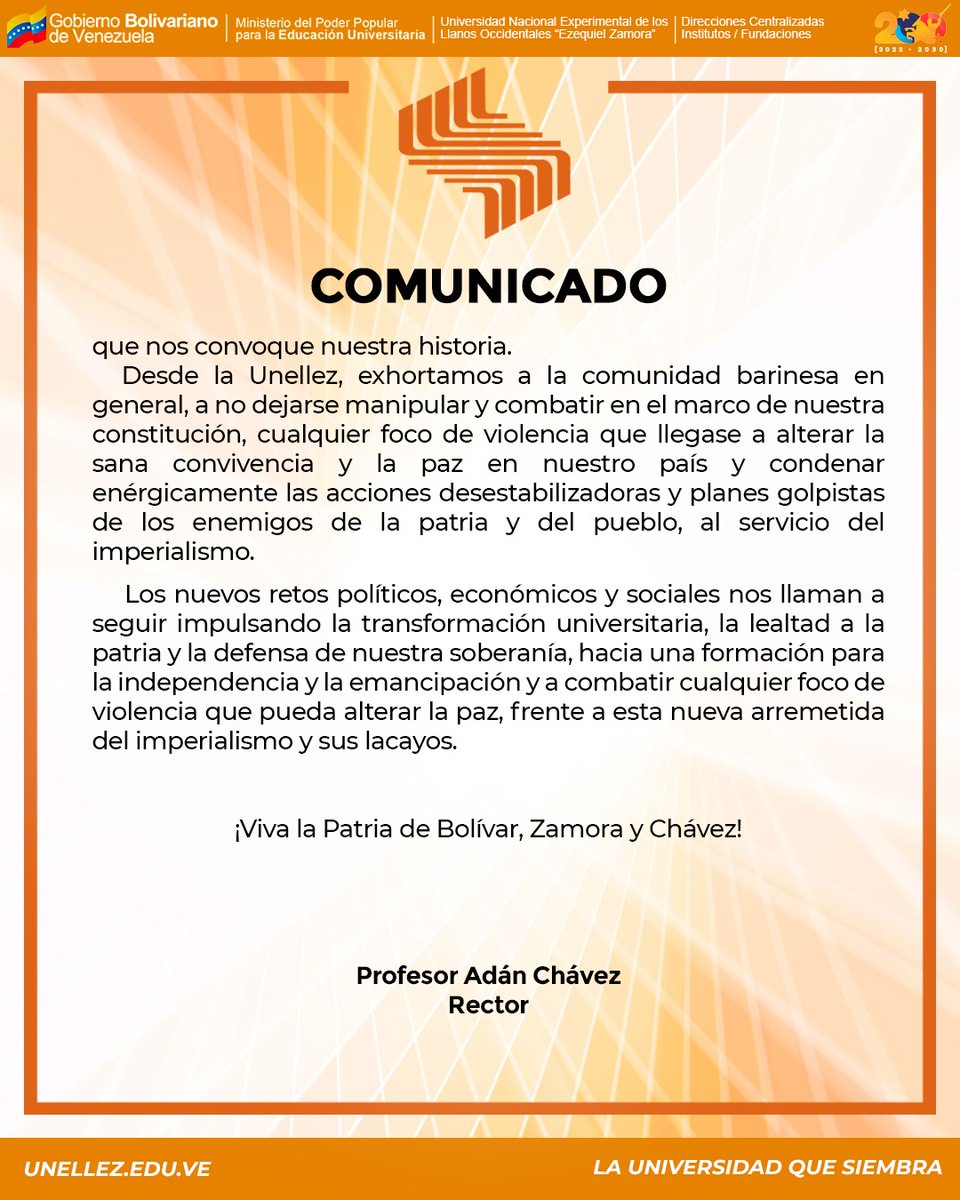 La Universidad Nacional Experimental de los Llanos Occidentales "Ezequiel Zamora" (Unellez), rechaza los actos de violencia perpetrados en nuestro país.