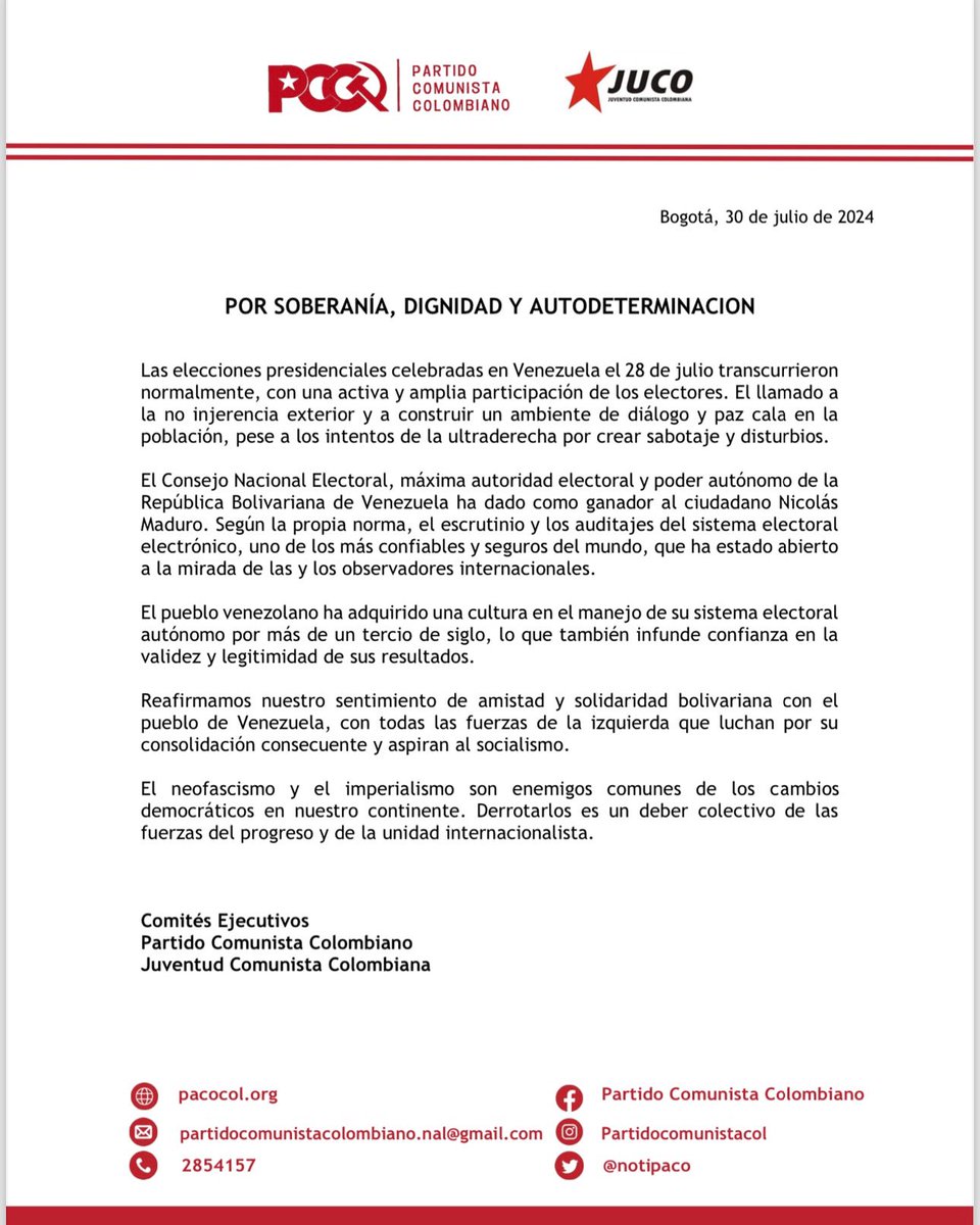 #Declaracion del Partido y la Juventud Comunista Colombiana con relación al proceso electoral en #Venezuela
Ante la agresión imperial y de la derecha transnacional, la más amplia unidad en la solidaridad con la Revolucion Bolivariana y la consolidación de la integración regional
