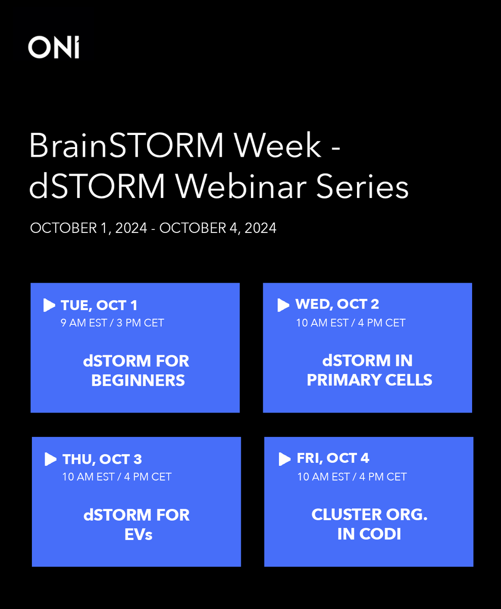 🌟 Join us for BrainSTORM Week - a #dSTORM #Webinar Series!

🔬 Tue, Oct 1 - dSTORM for Beginners
🔬 Wed, Oct 2 - dSTORM in Primary Cells
🔬 Thu, Oct 3 - dSTORM for Extracellular Vesicles
🔬 Fri, Oct 4 - Understanding Cluster Organization in CODI

REG ➡️ hubs.li/Q02JtbKQ0