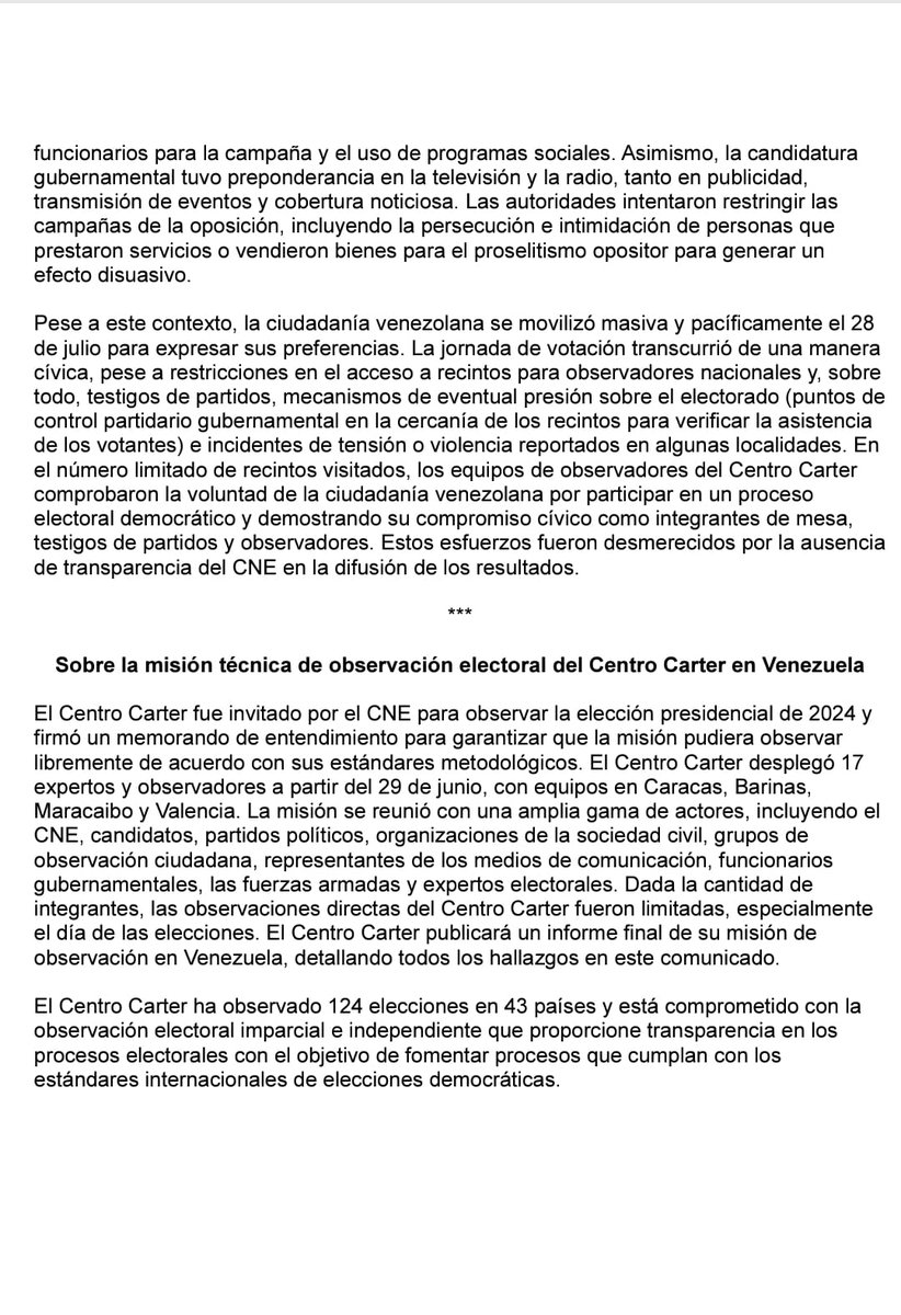 Declaración de <a href="/CarterCenter/">The Carter Center</a> <a href="/CarterCenterLAC/">Carter Center LatAm</a> sobre fraudulentas elecciones de  #Venezuela 

(La organización se retiró del país antes de emitir su informe)