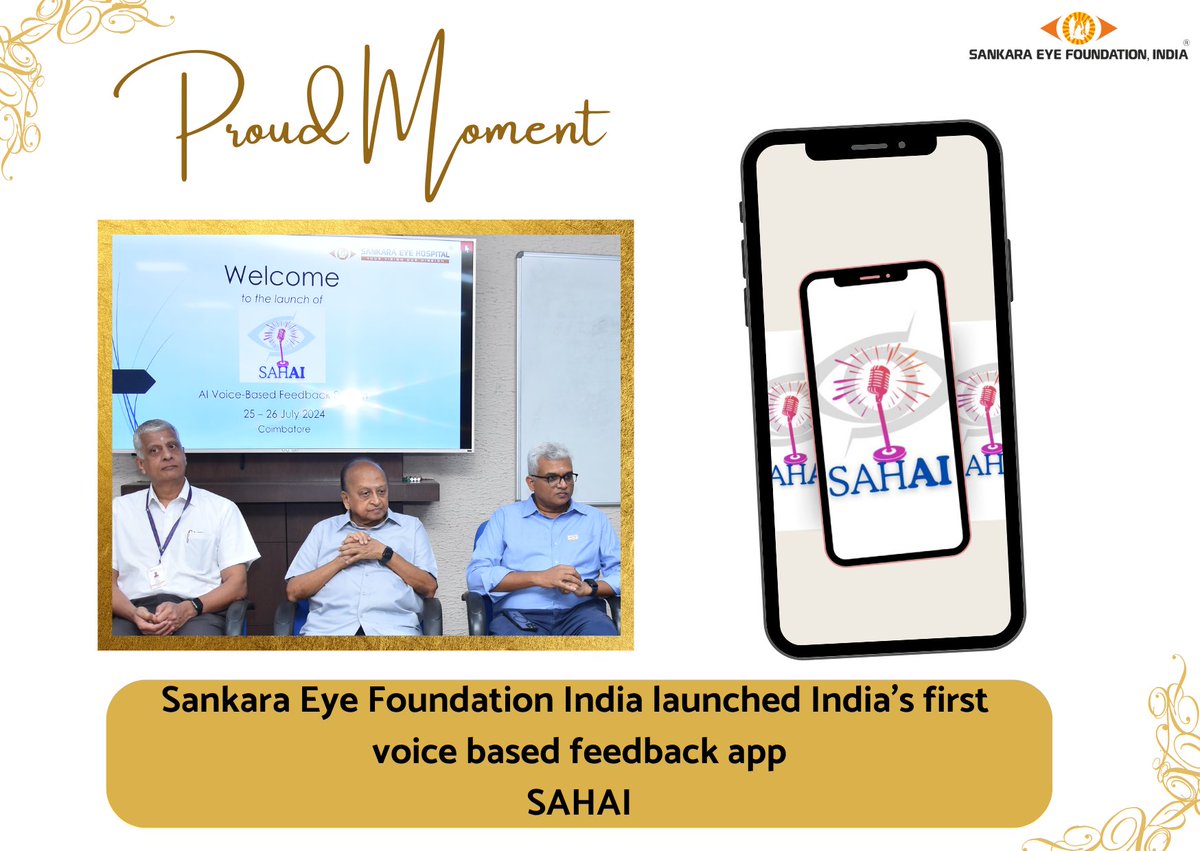 SankaraV2020's tweet photo. We're thrilled to announce the launch of SAHAI, India's first voice-based feedback app by Sankara Eye Foundation India in partnership with PRADHI AI!
Introducing the AI Voice-Based Feedback System : SAHAI
#SankaraEyeFoundation #PRADHIAI #SAHAI #HealthcareInnovation #AI #VoiceTech https://t.co/BT9HR1iToI