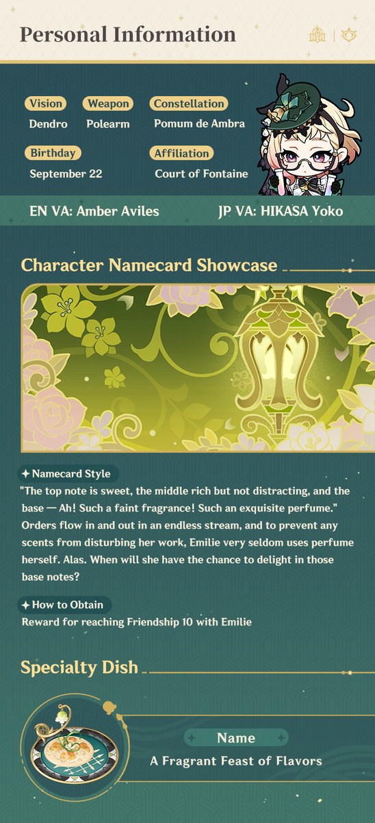 GenshinImpact's tweet photo. Character Introduction — "A Thousand Scents Traced" Emilie #GenshinImpact4ꓸ8 #GenshinImpact #Emilie

"Ah, now there's an idea... Just a moment, please. I need to jot this down."
Hello, Traveler! The character we're introducing today is both an excellent listener and an exemplary respondent, and she is none other than Emilie, a Fontainian perfumer.

See Full Details: https://t.co/mqYJ5LRlvO