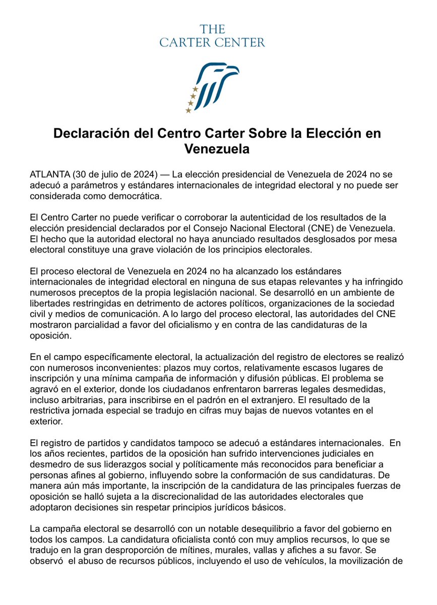 vladomirosevic's tweet photo. ÚLTIMA HORA

“La elección presidencial en Venezuela no puede ser considerada como democrática” dice lapidario el comunicado de @CarterCenter, de los pocos observadores electorales internacionales que fueron acreditados por el régimen.

Lapidario, contundente, sin nada más que agregar.