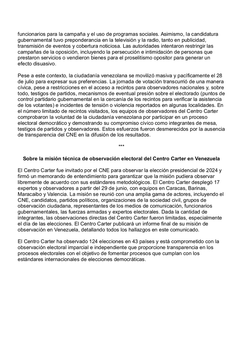 HeverCastroB's tweet photo. El @CarterCenter que fue invitado por el régimen para observar las elecciones presidenciales 2024, desplegó 17 expertos en Caracas, Barinas, Maracaibo y Valencia. En el informe final publicado hace 1 hora le han dado un batazo en la rodilla a Maduro:👇
https://t.co/rGYwGI4qrL https://t.co/Rjn1bqu67V