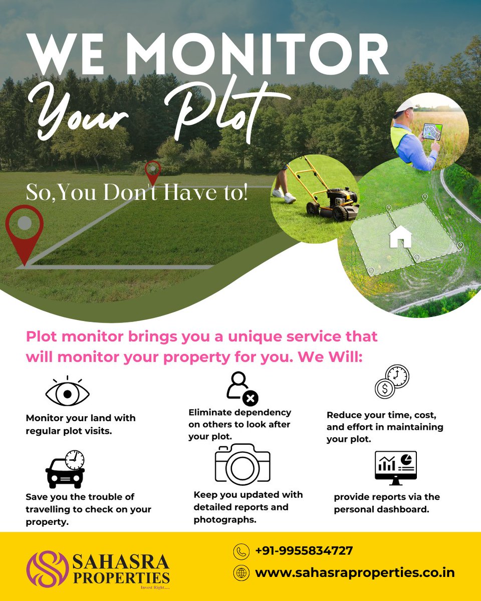 Sahasraproperty's tweet image. 🏞️ Let us take care of your plot! Our service provides regular visits, comprehensive reports, and photos, ensuring peace of mind and saving you time and effort. 🌟 #PlotMonitoring #SahasraProperties
smpl.is/9f26v
+91 9955834727