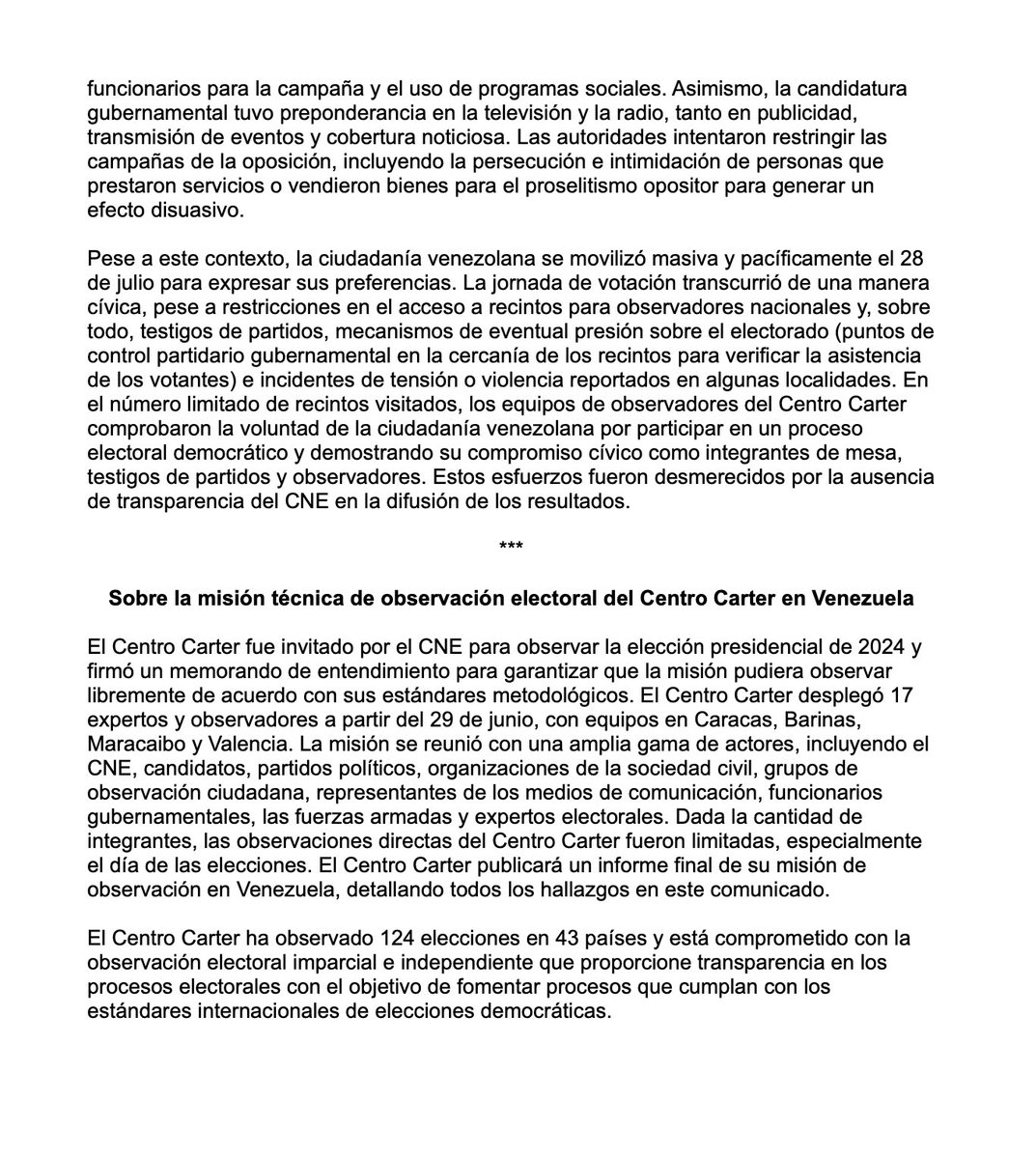 ianmiles's tweet photo. The Carter Center, which Maduro’s own government authorized to be independent election observers, has found that Venezuela's 2024 presidential election did not meet international standards for electoral integrity and cannot be considered democratic.

The lack of transparency and bias in favor of the incumbent (Maduro) are among many of their concerns.