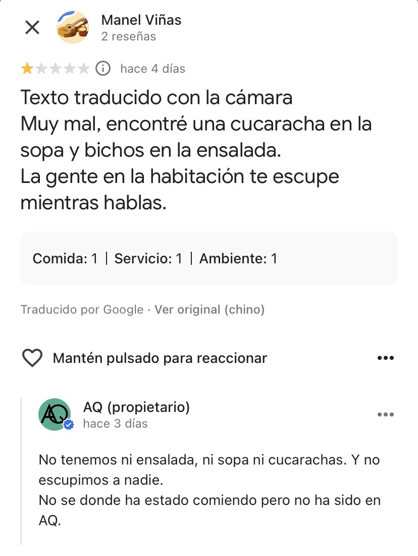 Pues no sé si Manel Viñas se ha equivocado de local (imagino que si) o quiere hacer daño pero hemos denunciado esta reseña a Google como fraudulenta y de momento ahí sigue. 
Alguien sabe cuando tardan los Srs de Google en aclarar esto?