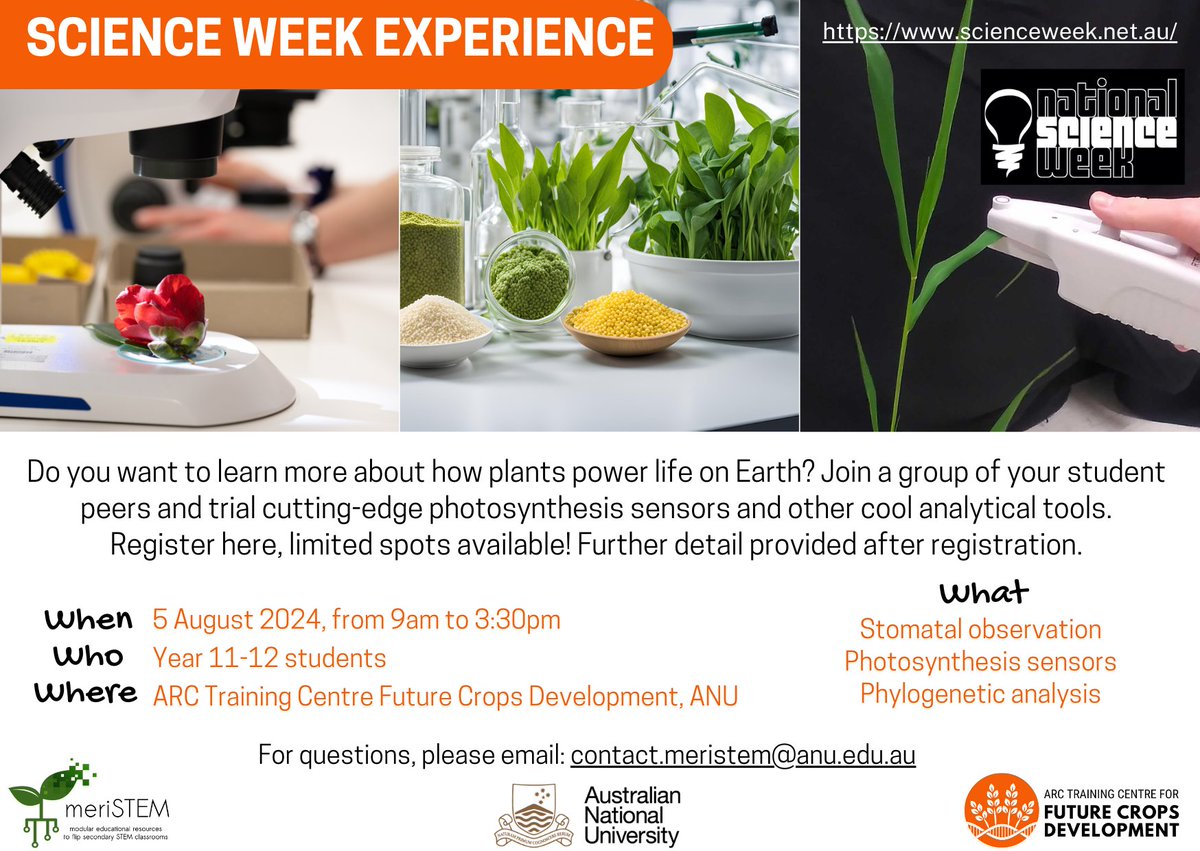 ARC Training Centre for Future Crops Development (@futurecropsau) on Twitter photo Are you a Year 11-12 student or know someone who is? Discover how plants power life on Earth at our Science Week Experience next week! Limited spots- Register now: scienceweek.net.au/event/shaping-… <a href="/barry_pogson/">Barry Pogson</a> <a href="/BotanicGeek/">Caitlin Byrt</a> <a href="/AlisonRBentley/">Alison Bentley</a> <a href="/ANUAgrifood/">Agrifood Innovation Institute</a> <a href="/Aus_ScienceWeek/">NationalScienceWeek</a> <a href="/PlantSci_ANU/">ANU Division of Plant Sciences</a> Are you a Year 11-12 student or know someone who is? Discover how plants power life on Earth at our Science Week Experience next week! Limited spots- Register now: scienceweek.net.au/event/shaping-… <a href="/barry_pogson/">Barry Pogson</a> <a href="/BotanicGeek/">Caitlin Byrt</a> <a href="/AlisonRBentley/">Alison Bentley</a> <a href="/ANUAgrifood/">Agrifood Innovation Institute</a> <a href="/Aus_ScienceWeek/">NationalScienceWeek</a> <a href="/PlantSci_ANU/">ANU Division of Plant Sciences</a>