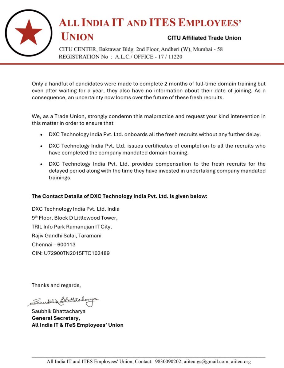 #Activity #Timeline in the #delayedonboarding issue

July 2 - complaints received from recruits
July 10 - press release issued
July 16 - letter sent to Nachiket Sukhtankar, MD <a href="/DXCTechnology/">DXC Technology</a> for immediate onboarding
July 25 - issue reported to <a href="/LabourMinistry/">Ministry of Labour & Employment, GoI</a> for intervention.