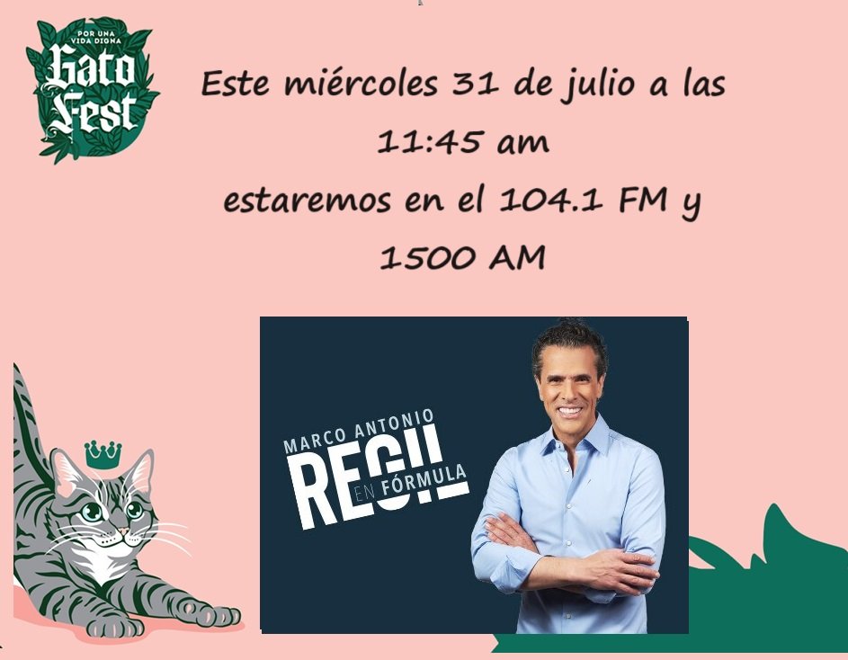 Con mucha ilusión les compartimos que estaremos este miércoles a partir de 11:45 am con Marco Antonio Regil en Radio  Fórmula 😻

radioformula.com.mx/podcast/marco-…

¡Conéctate, comparte, dona!

#juntosharemosrealidadgatofest