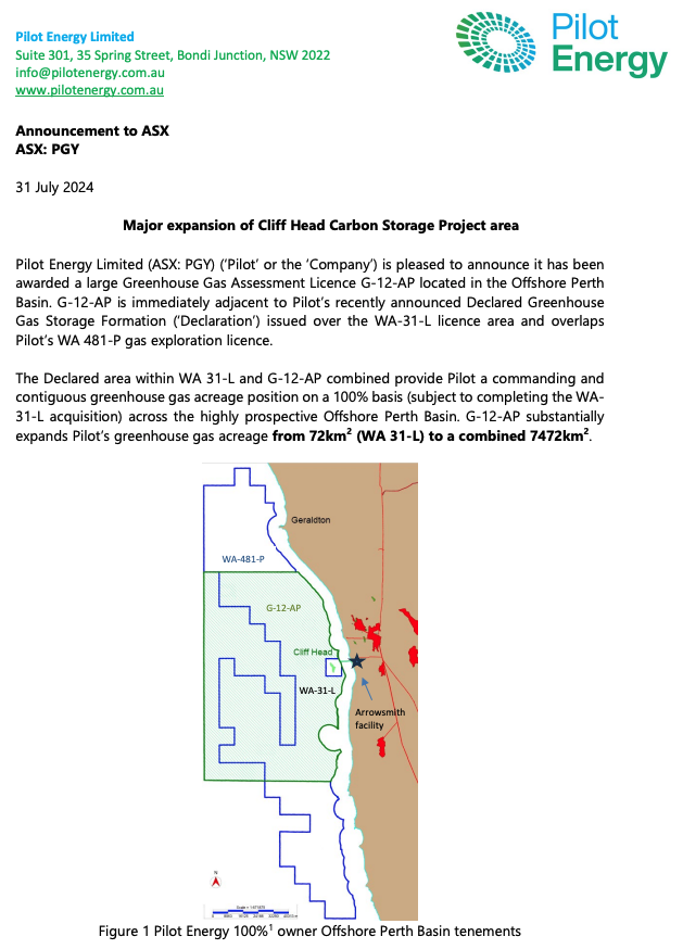 Pilot_EnergyLtd's tweet photo. In the latest boost for the Mid West Clean Energy Project @Pilot_Energy’s (#ASX: $PGY) Cliff Head Carbon Storage Project area is up from 72km2 to 7472km2 thanks to PGY being awarded a large Greenhouse Gas Assessment Licence: https://t.co/fURH1KtNMV
#carbonstorage #CCS #CCUS https://t.co/be7o5WQopS