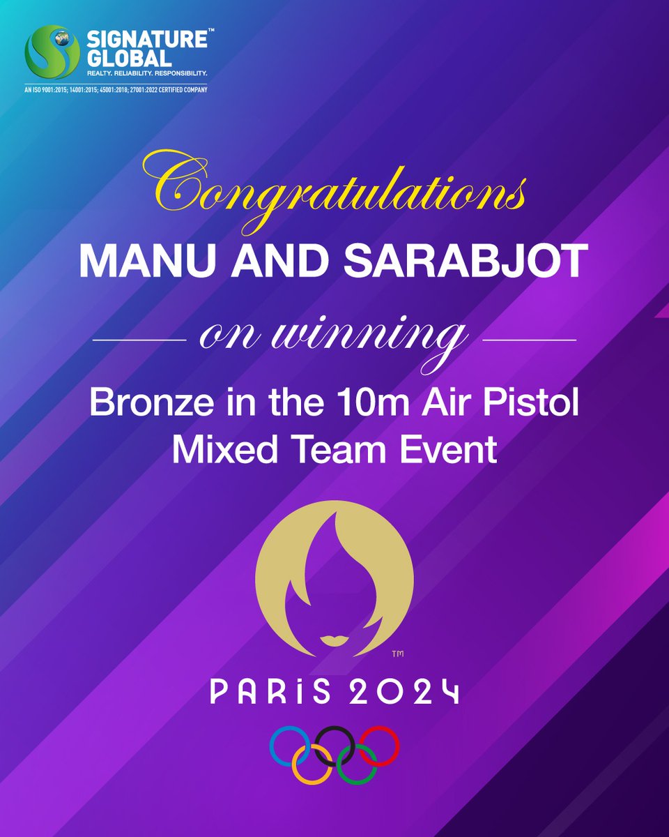 Signature Global (@signatureglobal) on Twitter photo A big congratulations to Manu Bhaker and Sarabjot Singh for winning bronze in the 10M air pistol mixed team event at the Paris Olympics 2024!! Your stellar performance has brought pride to the nation.🥉🎯 #ManuBhaker #SarabjotSingh #ParisOlympics2024 #ProudMoment #SignatureGlobal A big congratulations to Manu Bhaker and Sarabjot Singh for winning bronze in the 10M air pistol mixed team event at the Paris Olympics 2024!! Your stellar performance has brought pride to the nation.🥉🎯 #ManuBhaker #SarabjotSingh #ParisOlympics2024 #ProudMoment #SignatureGlobal