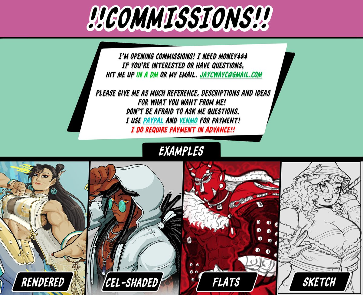 JayCWayC's tweet image. I need some money! And I’m opening commissions! Life and jobs are getting a pretty stinky. If you’re interested send me a DM!