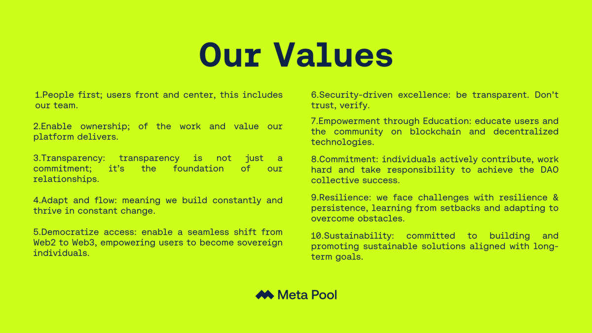 ccossio's tweet image. I want to share a quick thread on the @meta_pool Values. This is a two part series ;)
1/ We will always put users first. Not negotiable, if we want crypto to become widely use. We have to know who is using it and why.
