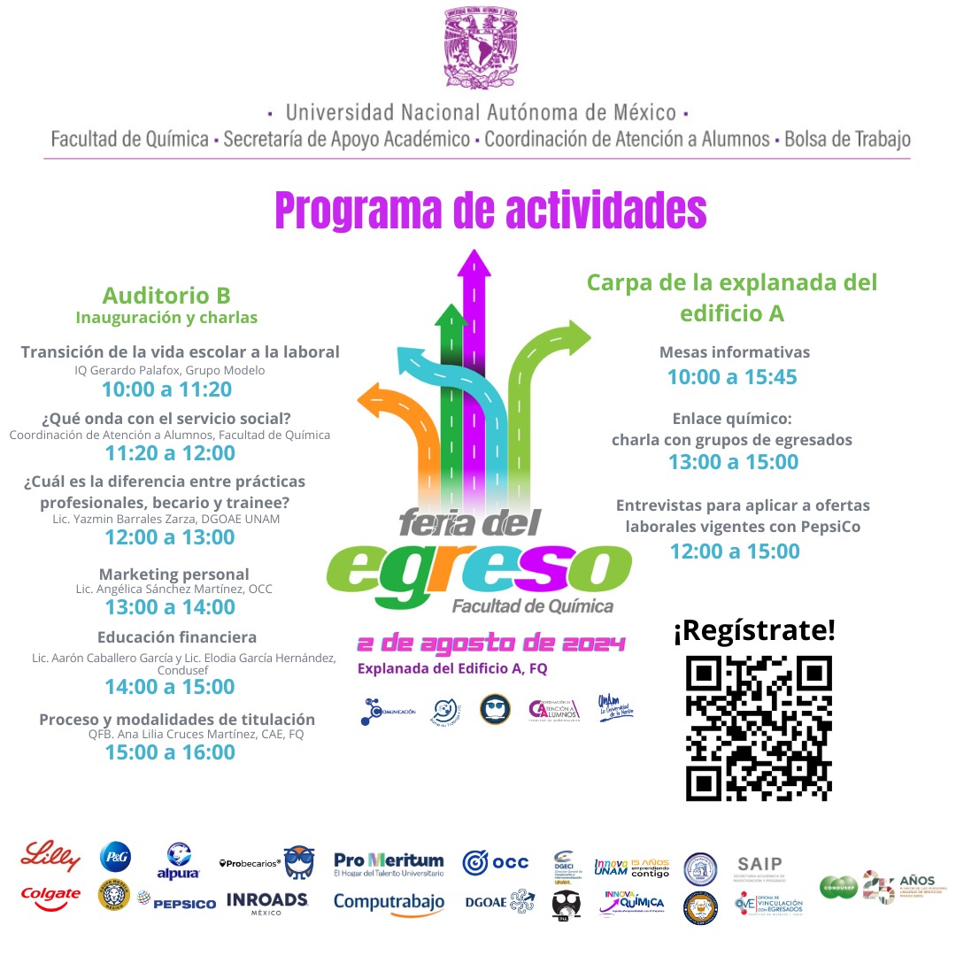 ¿Ya checaste el programa de actividades de la #FeriaDelEgreso en la <a href="/quimica_unam/">Facultad de Química UNAM</a>? 👀
Quizá alguna pueda interesarte.