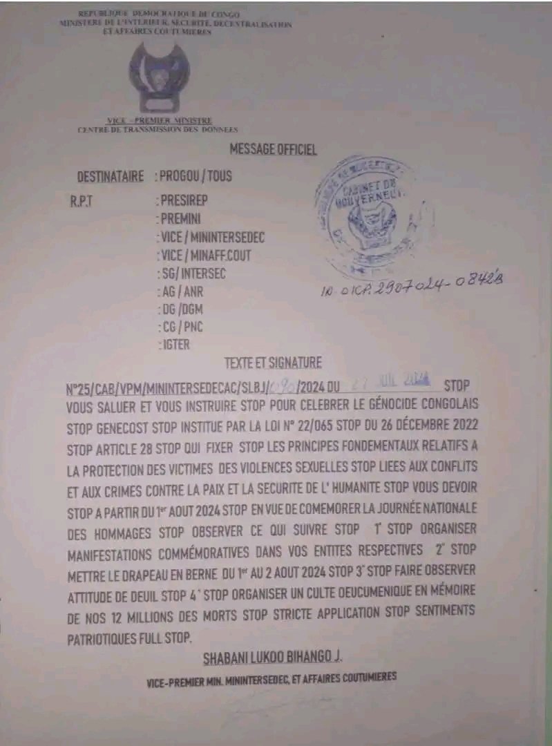 #RDC: Dans un télégramme, le Ministre de l'intérieur Jacquemin Shabani proclame l'état deuil le 1er et 2 août pour le #GENOCOST afin de rendre hommage aux victimes du génocide congolais.
Des services religieux et les drapeaux en berne  en mémoire de plus de 12millions des morts.