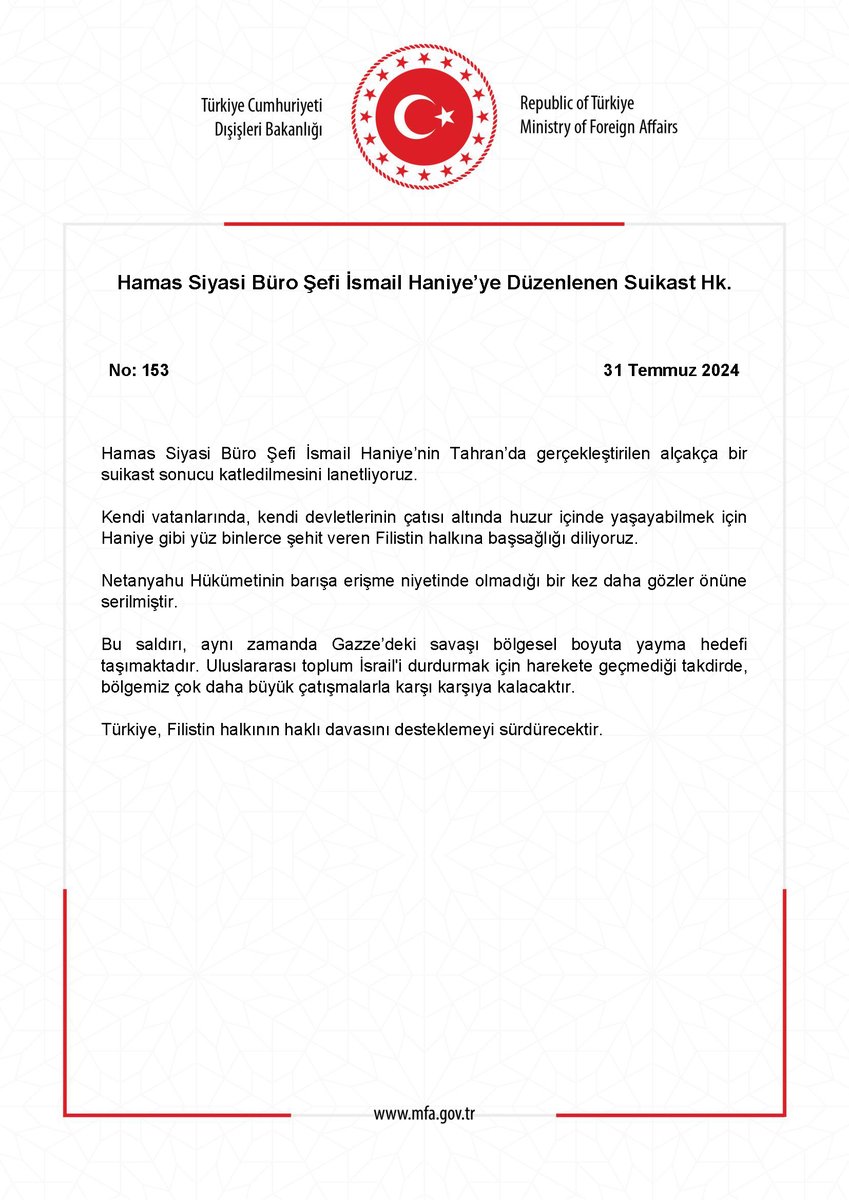 Hamas Siyasi Büro Şefi İsmail Haniye’ye Düzenlenen Suikast Hk. mfa.gov.tr/no_-153_-hamas…