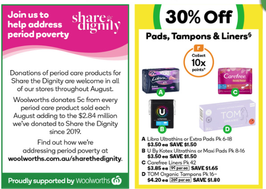 Share the Dignity (@sharingdignity) on Twitter photo 📣📣📣 <a href="/woolworths/">Woolworths</a> currently have 30% off Pads, Tampons & Liners. This is the perfect time to donate to someone in need. Drop your donations into the pink collection boxes at Woolworths Supermarkets across Australia this August. 📣📣📣 <a href="/woolworths/">Woolworths</a> currently have 30% off Pads, Tampons & Liners. This is the perfect time to donate to someone in need. Drop your donations into the pink collection boxes at Woolworths Supermarkets across Australia this August.