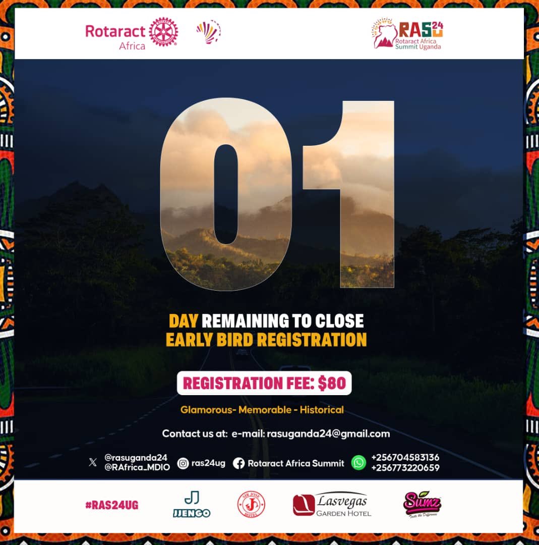🇺🇬🍓LAST DAY🍇🇺🇬

Rotaract Africa Summit, Uganda Edition 🇺🇬 🙌 👏

convene.jjengo.com/rotary/confere…

Have you registered and paid yet?

Registration Fee: 80USD

Early Bird Registration Deadline: TODAY

Venue: Las Vegas Hotel, Bunga, Kampala

#RAS24UG