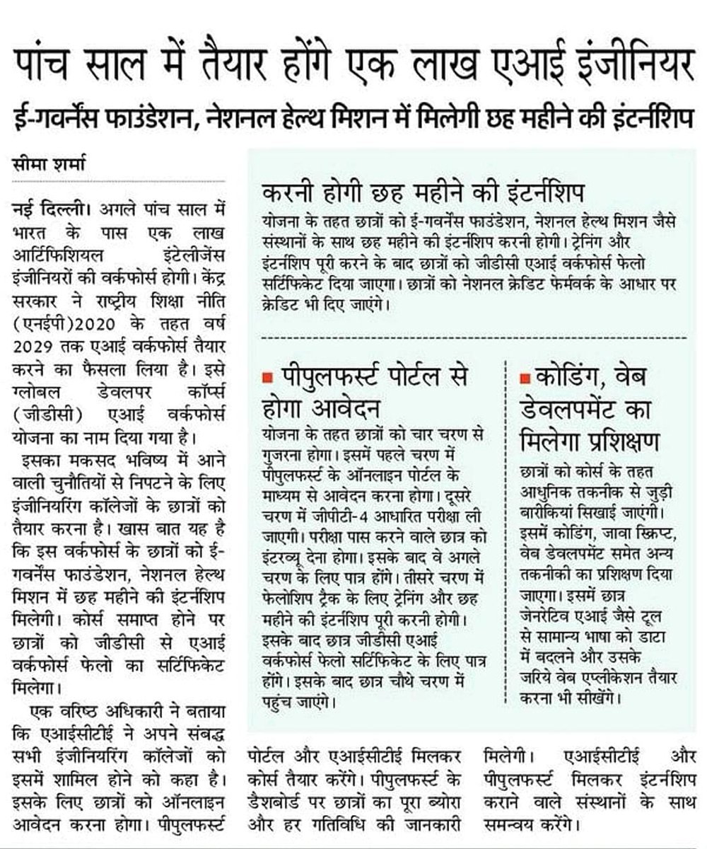 India will have one Lakh AI based Engineers in next 5 years. Govt will provide free Training to students of engineering colleges to deal with future challenges. Read my story <a href="/AmarUjalaNews/">Amar Ujala</a> <a href="/PMOIndia/">PMO India</a> <a href="/AICTE_INDIA/">AICTE</a> <a href="/EduMinOfIndia/">Ministry of Education</a> <a href="/ugc_india/">UGC INDIA</a> <a href="/xForAiT/">Artificial Intelligent Technologies</a>
#ArtificialInteligence  #iit