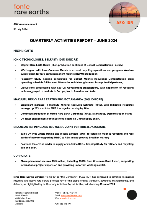 IONIC_RE's tweet photo. Quarterly Activities Report | June 2024

Download the full report here: https://t.co/mSCCQ1LPTg

#ASX $IXR #mining #ESG #circulareconomy #rareearthelements #EV #batterymetals #cleanenergy #CREO #netzero #REE #ionictech #technology https://t.co/gbGTW2bLaS