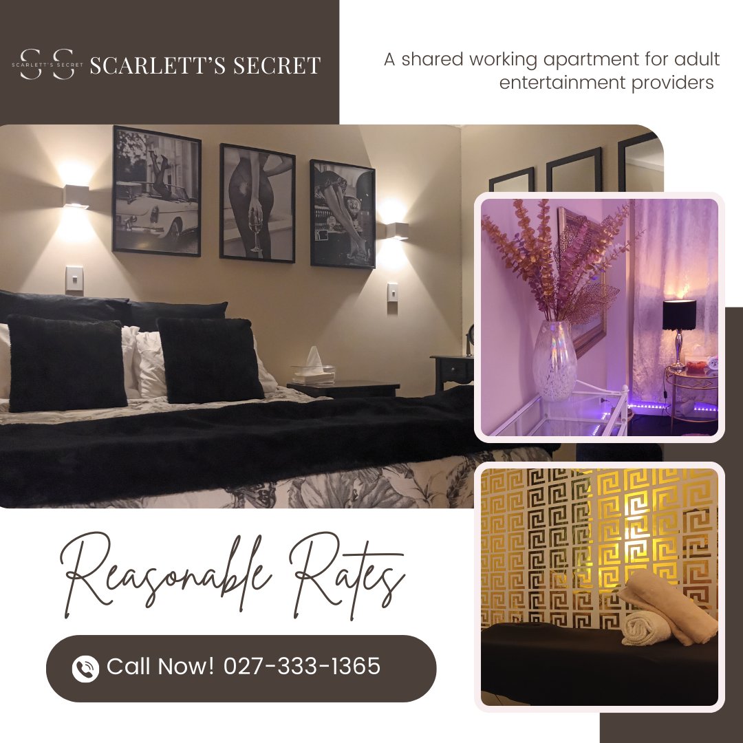 SEE FOR YOURSELF
1 large open plan kitchen and living room space with WIFI and Netflix
1 medium sized washroom with high pressure shower
3 intimately spaced rooms for escorting, sensual massage and content creation
Daily rate cap $170
DM us at <a href="/ScarlettRooms/">Scarlett's Secret</a> or call 027-333-1365