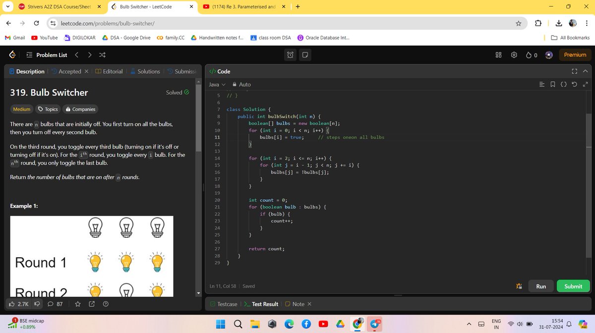 AmitVaghela777's tweet photo. Day 17 of #100DaysOfCode challenge! Just solved #319 Bulb Switcher on @LeetCode. Realized that only perfect squares will have an odd number of factors, thus remaining ON. Simple yet clever solution! #LeetCode #DSA #Edabit" https://t.co/MGwGLIkNHt