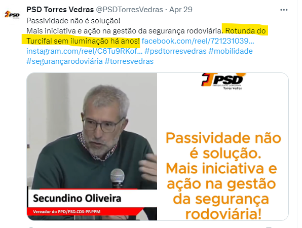 PSDTorresVedras's tweet photo. Depois de muita insistência e chamadas de atenção do #PSDTorresVedras, a rotunda da N8 no #Turcifal tem finalmente iluminação! ✌️
Desde 2021 sem iluminação por passividade da Câmara Municipal, finalmente repostas condições mínimas de segurança rodoviária! https://t.co/rvTH7U5y0c