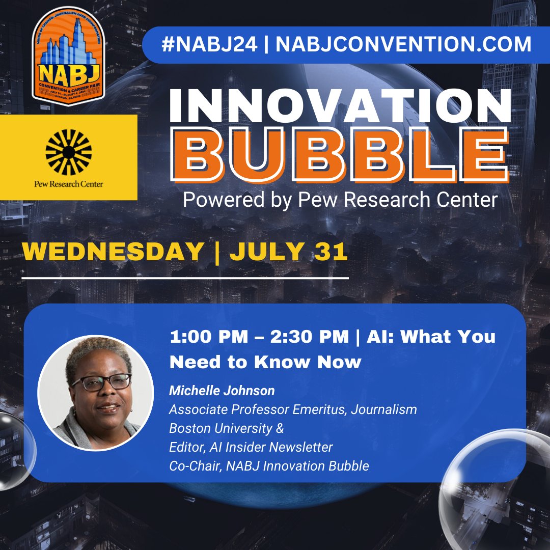 Good morning #NABJ24! We have a great lineup for this year’s innovation track <a href="/NABJ/">#NABJ Headquarters ✊🏾🖊️🎙️💻 📷 🎥 📝 🔈</a>. Start today with a hands-on session about data featuring <a href="/itsmikereilley/">Mike Reilley</a>. Note the time change to 3 pm for my session on AI. This year’s Innovation Bubble track will be popping! Join us! #nabj24