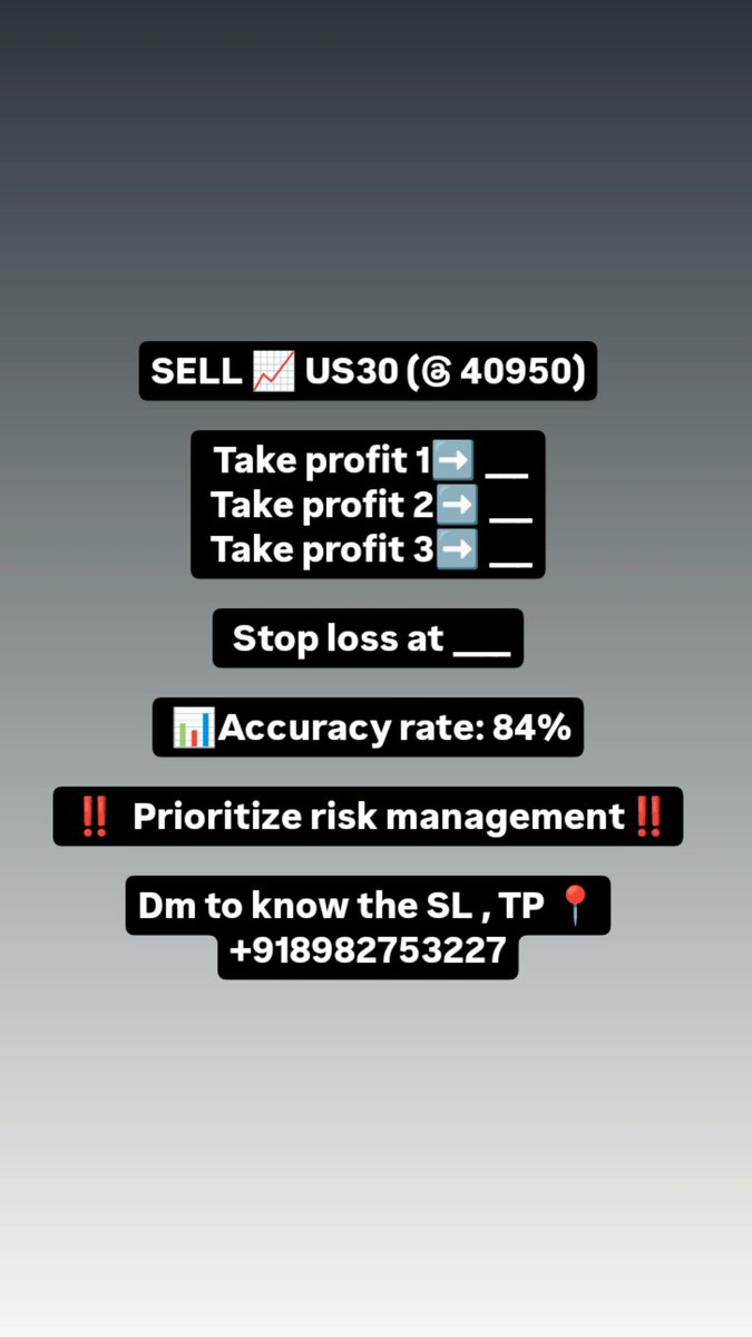 Inayaazeez's tweet photo. SELL 📈 US30 (@ 40950)

 Take profit 1➡️ ___
 Take profit 2➡️ ___
 Take profit 3➡️ ___

 Stop loss at ___

 📊Accuracy rate: 84%

 ‼️ Prioritize risk management‼️

Dm to know the SL , TP 📍
+918982753227
.
.
#us30 #Paris2024 #LaCasaDeLosFamososMx #loveisland #KimPau #forexsignal https://t.co/7wk7Wgn2dq