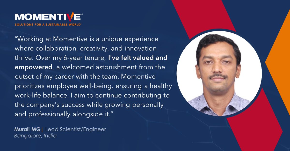 Momentive's tweet image. Today, we are pleased to spotlight Murali MG, who is helping to enable Solutions for a Sustainable World™ in Bangalore, India!

#PartoftheSolution #SolutionsforaSustainableWorld #EmployeeSpotlight
