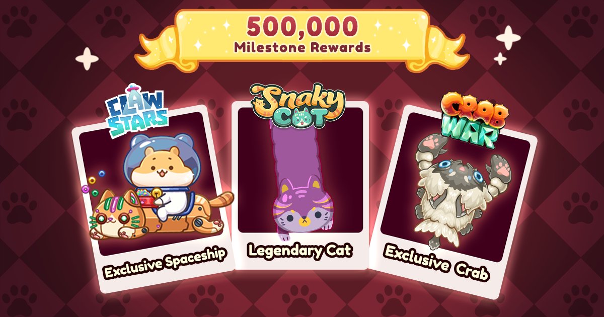 SnakyCatMobile's tweet image. Reach 500k pre-registrations to unlock these amazing rewards!

🐱 Legendary Cat in #SnakyCat
🐱 Exclusive Spaceship in @clawstarsgame 
🐱 Exclusive Crab in #CrabWar 

Tag your friends below to pre-register now on Android or iOS!
🐾 appxplore.com/snakycat