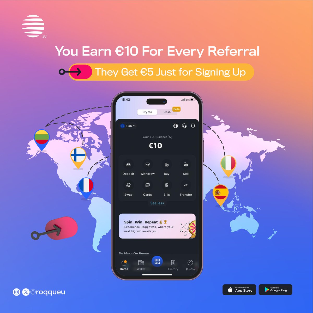 roqqupay's tweet photo. Unlock €10 for Every Referral!
Earn effortlessly with Roqqu's Europe Referral Campaign! 💸 Here's how:

- Share Your Referral Link: Invite friends and family in France, Italy, Spain, Finland, and Lithuania to join Roqqu.

- Sign Up and Verify: Once they sign up and complete their Tier One verification, they receive an instant €5 welcome bonus.

- You'll get €10 credited to your account for every successful referral!

Don’t miss out on this chance to earn and help your loved ones discover the ease of Roqqu. Start referring now!

T&Cs apply.
@roqqueu 

#RoqquReferral #EarnWithRoqqu #RoqquInEurope