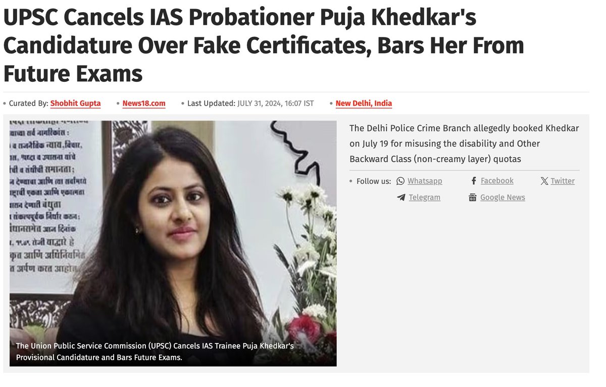 UPSC just canceled IAS probationer Puja Khedkar's candidature over fake certificates.  This is a good gesture as it will prevent other people from faking things in the future, thereby ensuring providing better chances to deserving candidates.