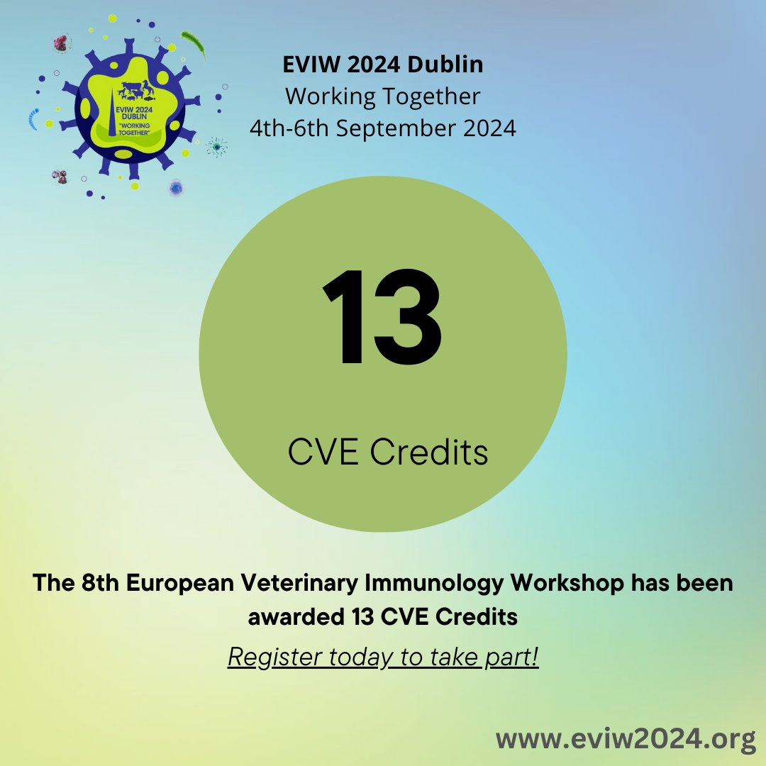 We are delighted to confirm that EVIW 2024 has been awarded 13 CVE credits, join us in the Crowne Plaza, Northwood, Dublin from 4th-6th September for insightful talks and the chance to engage with esteemed speakers!
eviw2024.org/registration/ #ECI2024 #OneHealth #EVIW2024