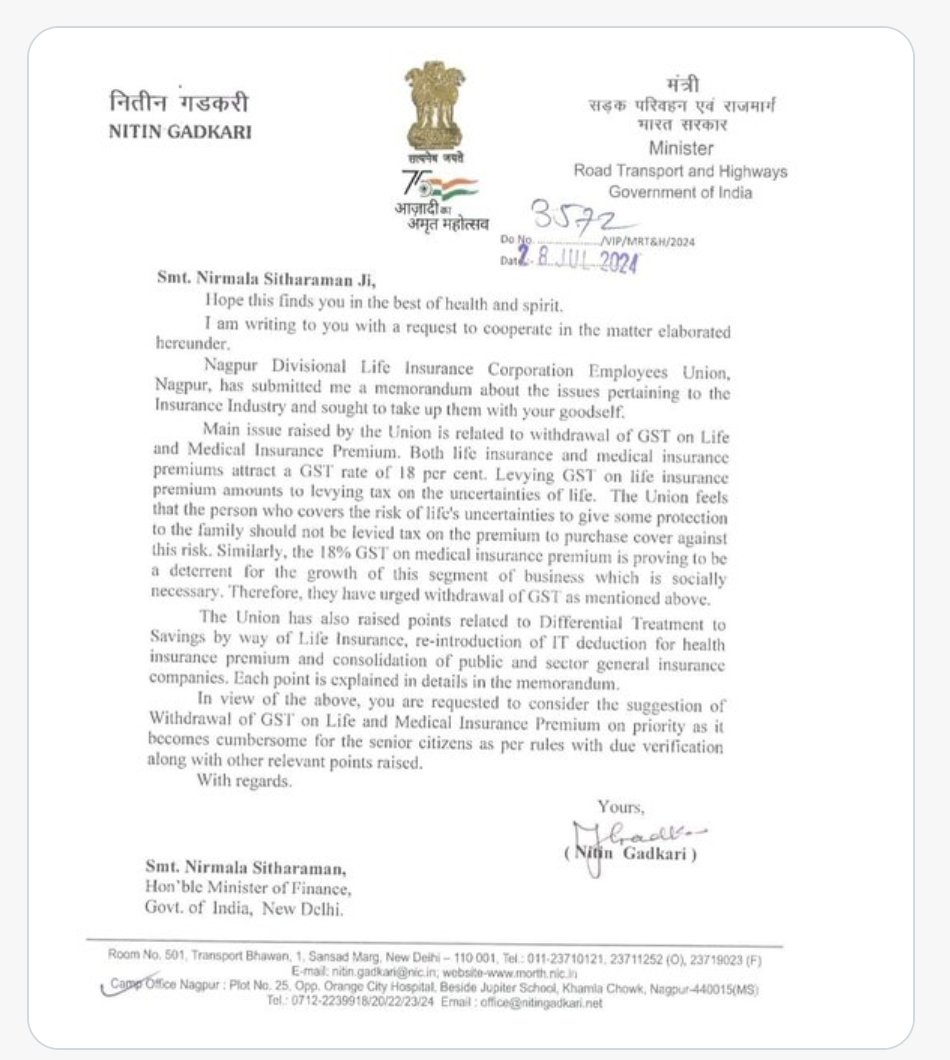 Kudos to Nitin Gadkari on writing this to the finance minister Nirmala Seetharaman on removing GST from Medical Insurance. Medical insurance is a NEED in this day and age, and 18% GST is simply unfair.