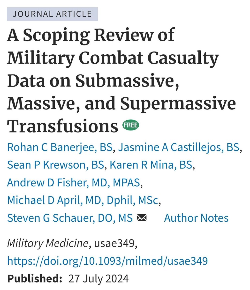 armyemdoc (@armyemdoc) on Twitter photo In the recent 2 decades of war, the US military 🪖 has pioneered blood transfusion practices.
This review of 53 studies by <a href="/RohanBaner/">Rohan Banerjee</a> <a href="/jaascast/">Jasmine Castillejos</a> <a href="/iamseanpaul_/">Sean Krewson</a> and <a href="/krmina25/">Karen Mina</a> summarizes everything you need to know.
It's free and open access over at <a href="/AMSUS/">AMSUS</a>
academic.oup.com/milmed/advance… In the recent 2 decades of war, the US military 🪖 has pioneered blood transfusion practices.
This review of 53 studies by <a href="/RohanBaner/">Rohan Banerjee</a> <a href="/jaascast/">Jasmine Castillejos</a> <a href="/iamseanpaul_/">Sean Krewson</a> and <a href="/krmina25/">Karen Mina</a> summarizes everything you need to know.
It's free and open access over at <a href="/AMSUS/">AMSUS</a>
academic.oup.com/milmed/advance…