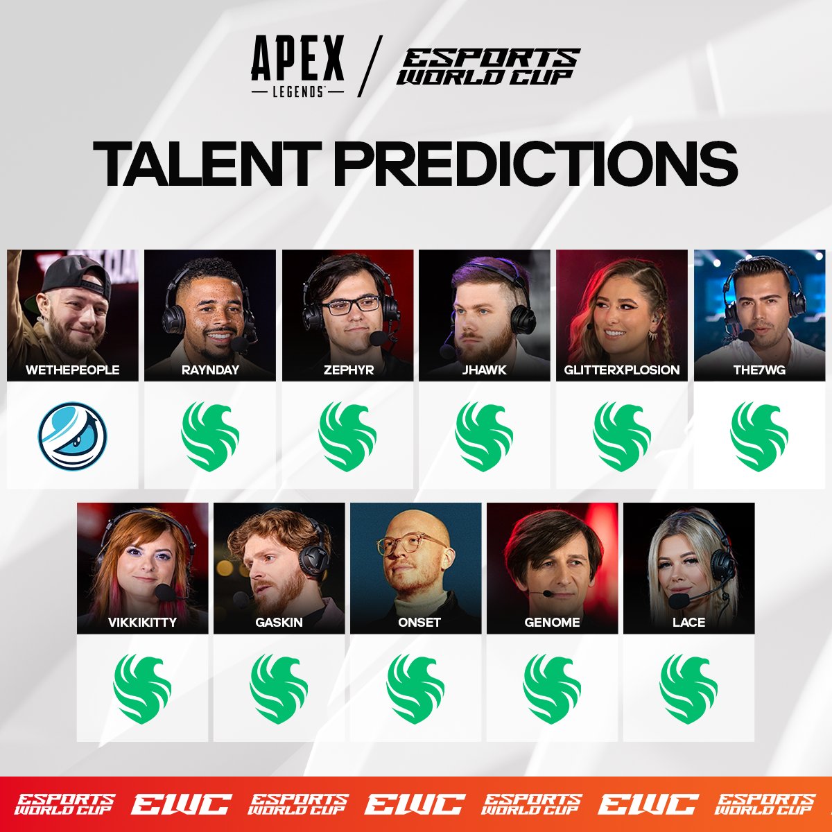 EWC_EN's tweet image. Our #ApexLegends talent have some strong opinions on who they think will win the #EsportsWorldCup

What do you think of their picks? 🤔🤔