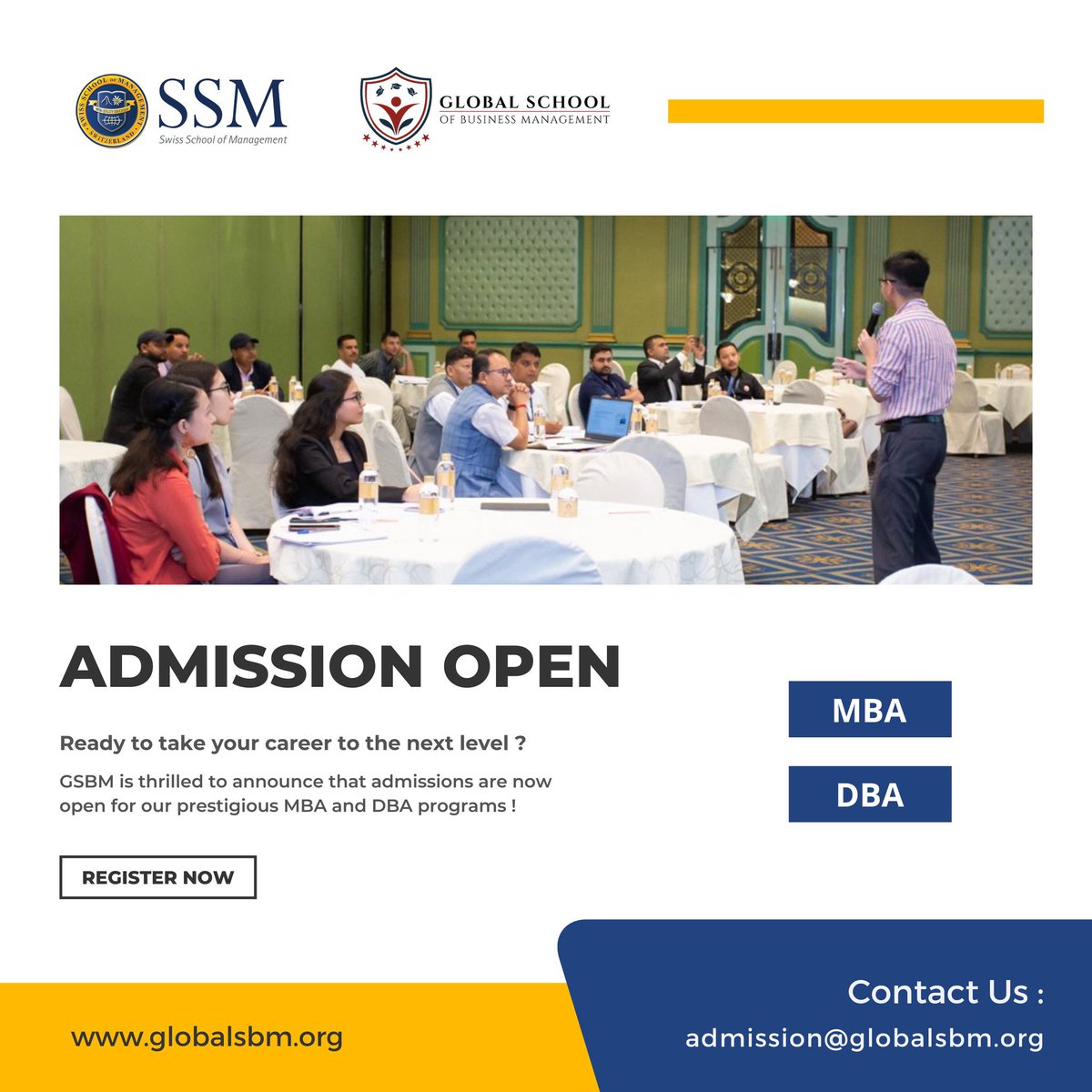 Admission Open for MBA and DBA.

Ready to take your career to the next level?

GSBM is thrilled to announce that admissions are now open for our prestigious MBA and DBA programs !

Apply Now: globalsbm.org