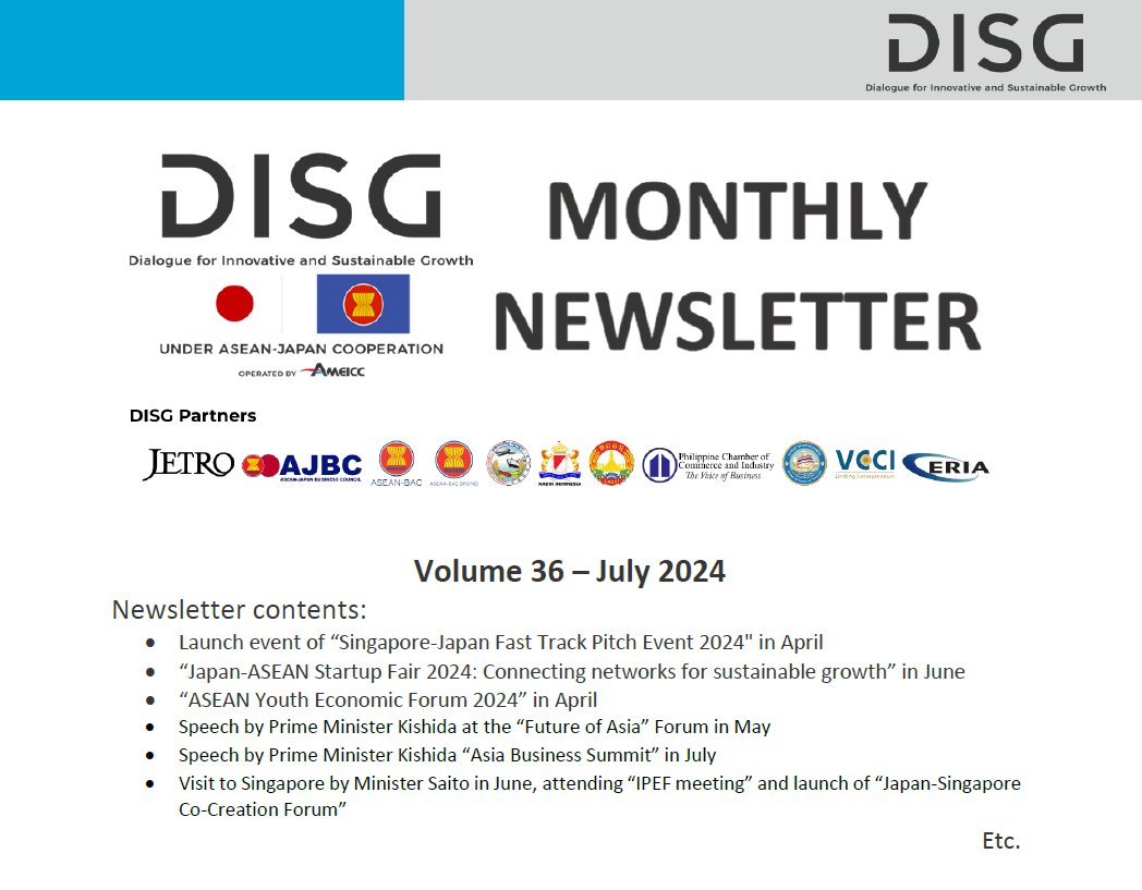 AmeiccS's tweet photo. 📢 #DISG Monthly Newsletter Vol.36 of Jul 2024 with the key highlights of “SG-JP Fast Track Pitch Launch Event 2024”, “JP-ASEAN Startup Fair 2024”, “ASEAN Youth Economic Forum 2024”, etc.
For more info: https://t.co/NGfulzG5Vq
#aseanjapan #disg #ameicc #FastTrackPitchEvent  #AYEF https://t.co/eTiM6W29kZ