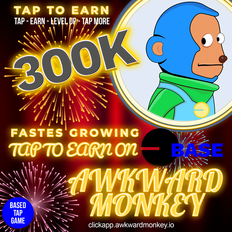 AwkmonkeyBase's tweet photo. Here's to the next 300K players! 🍾🎉

Keep swinging, tapping, and enjoying the monkey madness! #base #awk #memebase #basedmeme #based #taptoearn https://t.co/KHStLvk4O9