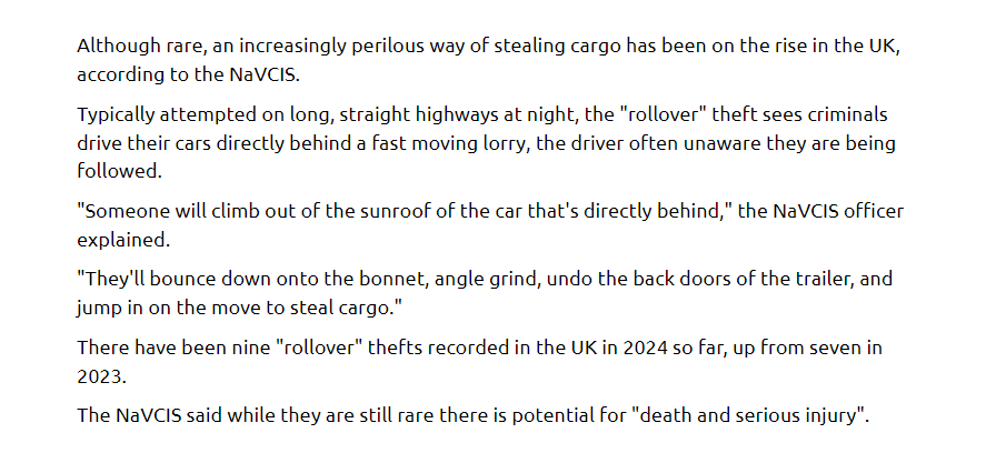 Lorry thefts: Stolen cargo, stress and slashed curtains bbc.co.uk/news/articles/… (UK)

National Vehicle Crime Intelligence Service (NAVCIS) navcis.police.uk <a href="/NaVCIS_UK/">NaVCIS</a>

#freightcrime #cargotheft #supplychain