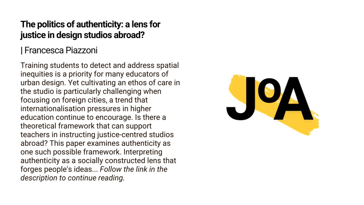 📢 Now online: The politics of authenticity: a lens for justice in design studios abroad? – By Francesca Piazzoni <a href="/f_piazzoni/">Francesca Piazzoni</a> @LivUniArch
tandfonline.com/doi/full/10.10…