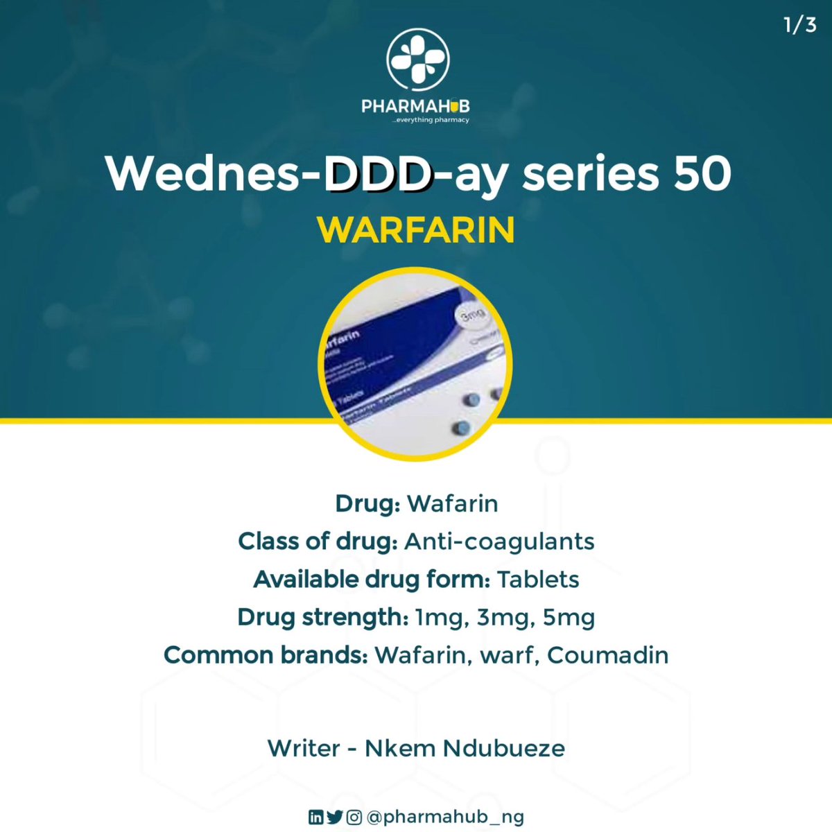 pharmahub_NG's tweet image. ▪︎#Warfarin is a blood thinner medication used to prevent and treat blood clots in the following conditions:

1. Atrial fibrillation (irregular heartbeat)
2. Deep vein thrombosis (DVT)
3. Pulmonary embolism (blood clot in the lungs)
4. Heart valve replacement
5. Blood clots in