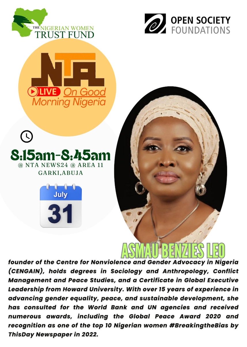 Join me NOW as I speak on : 

**Empowering Nigerian Women: The 35% Affirmative Action Ruling**
In a landmark decision, the court's ruling to uphold the 35% affirmative action for women in both appointive and elective positions. Where are we? Any progress? #Nigerianwomentrustfund