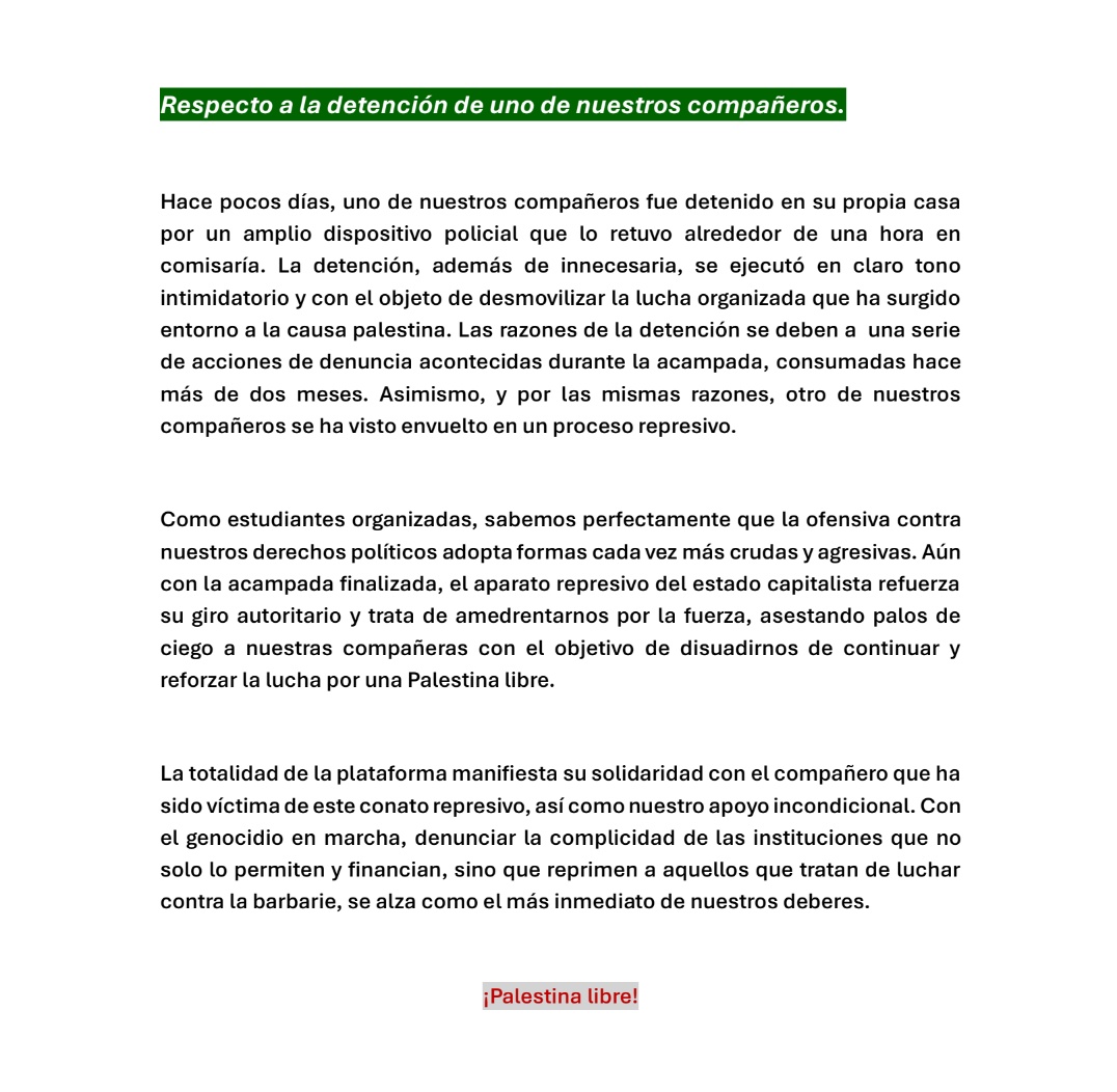 Ofensiva de clase contra la organización independiente del estudiantado y ataque a nuestros derechos políticos: la maquinaria represiva del Estado capitalista actuando.

Todo nuestro apoyo para el compañero detenido. 

¡Palestina libre!