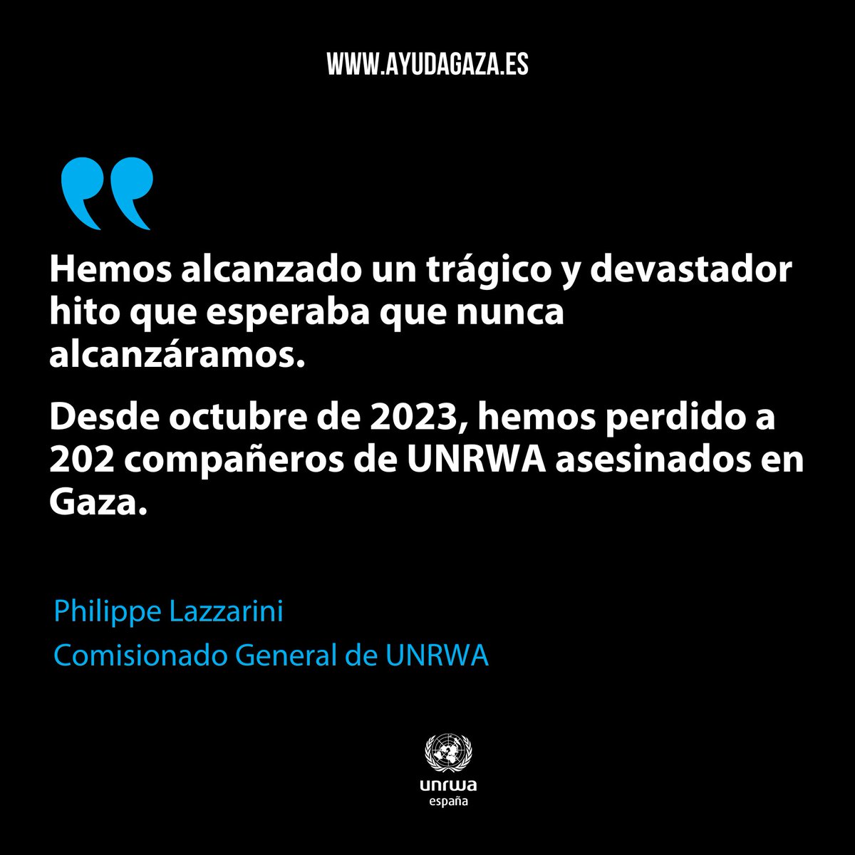 UNRWAes's tweet photo. Desde el 7 de octubre de 2023, 202 compañeros de UNRWA han sido asesinados en Gaza.
Esta cifra representa, con diferencia, el mayor número de personal de Naciones Unidas asesinado en un solo conflicto desde la creación de la ONU en 1945.
Nunca pensamos que esto pudiera pasar. https://t.co/BAE6Ipq9SD